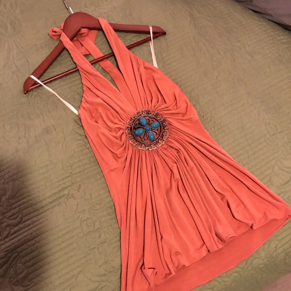 Sky Coral Halter Top with Turquoise Accent - Picture 2 of 6